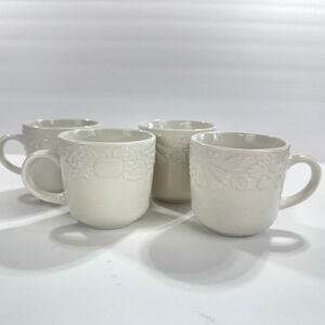 Gibson Housewares Coffee Tea Cup White Embossed Fruit Flowers Grapes Set Of 4